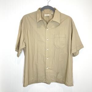 Marni X Uniqlo Button Up Shirt Mens XL Tan Beige Cotton Short Sleeve Oversized